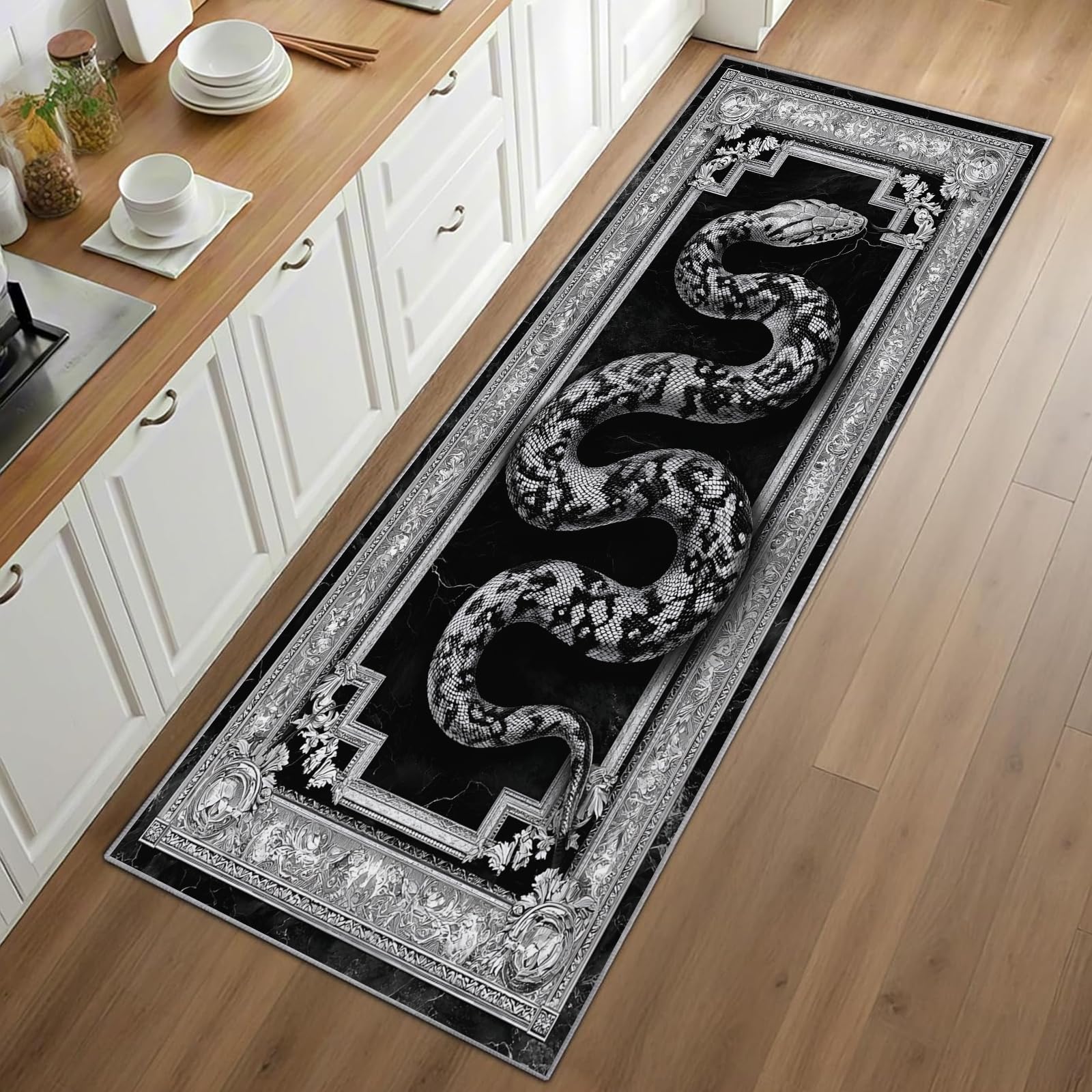 Snake Print Runner Rug Black B - Commercial Kitchen Background 评论和价格