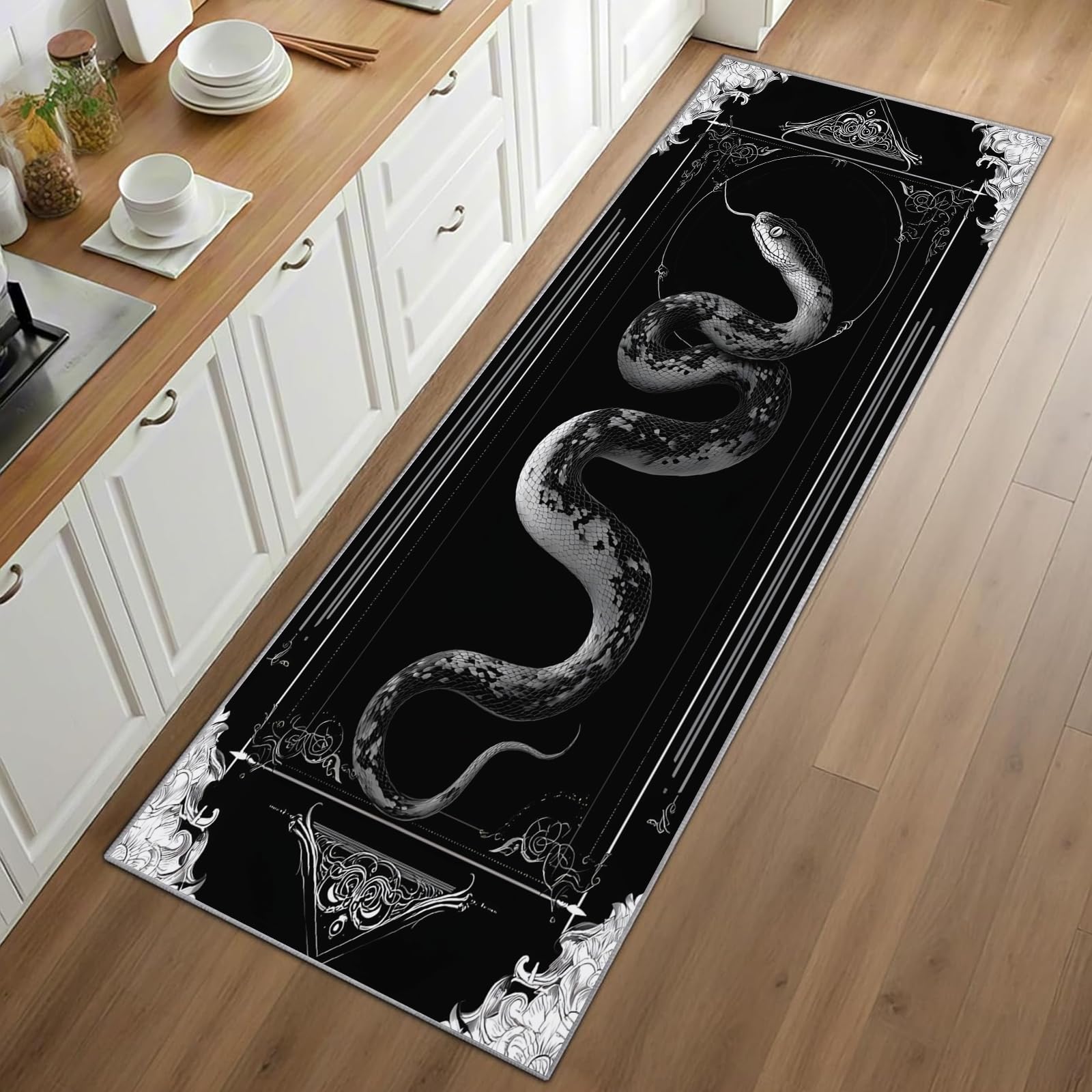 Snake Print Runner Rug Black B - Commercial Kitchen Background 评论和价格
