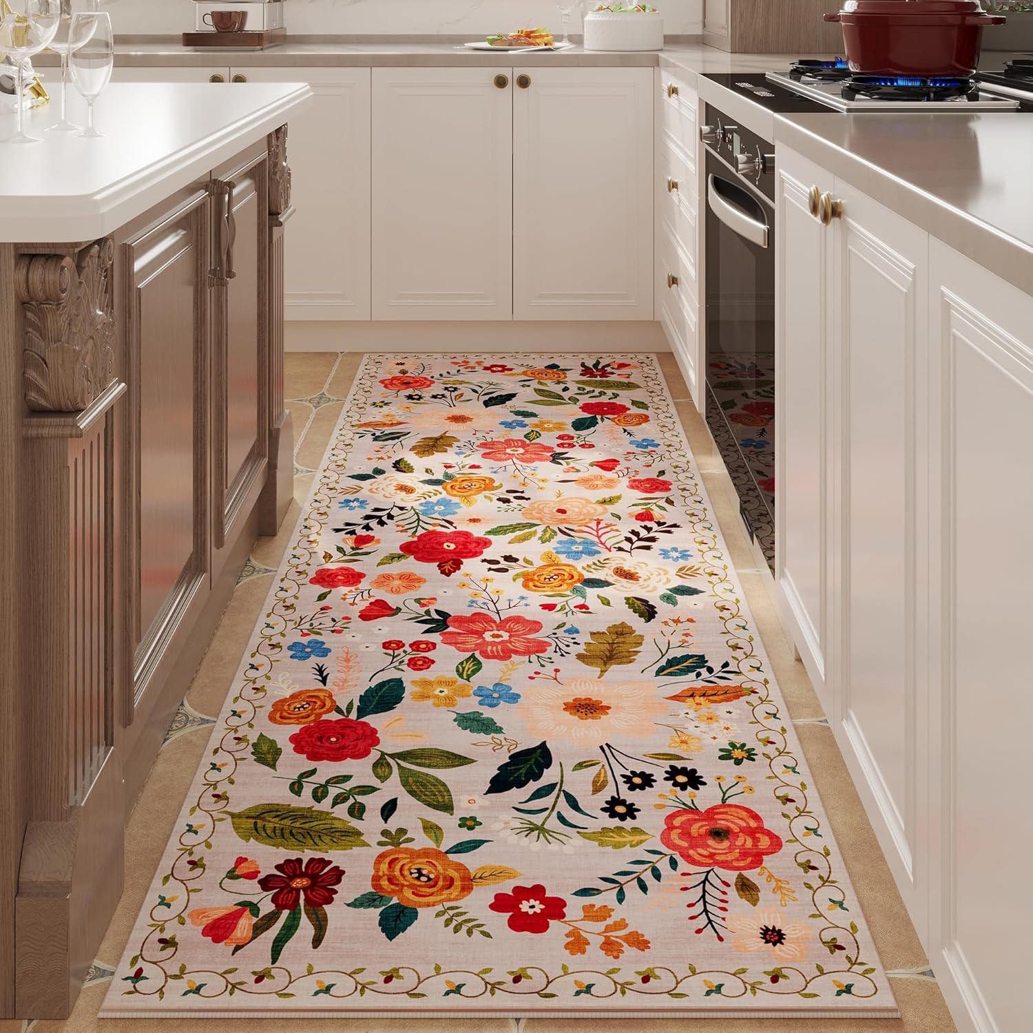 Vintage Floral Runner Rug Beig - Commercial Kitchen Background 评论和价格